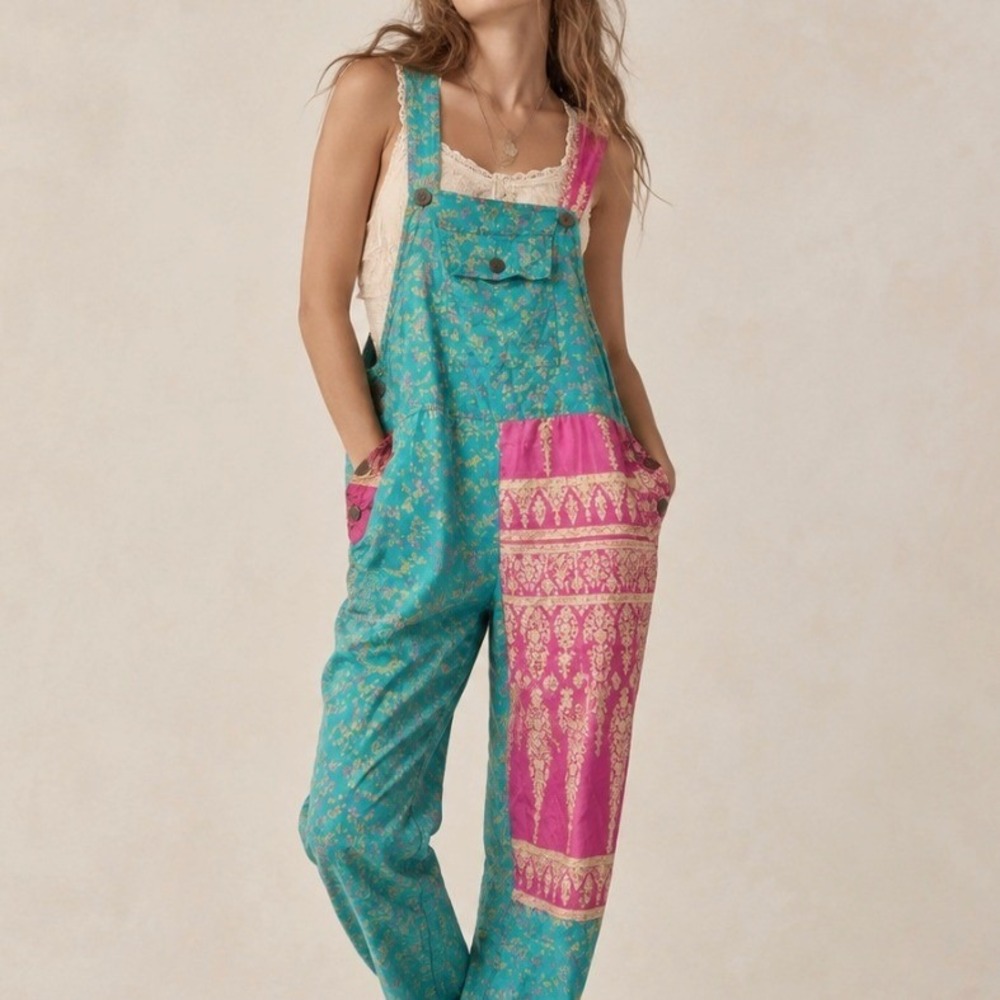Silk Overalls Patchwork Teal Boho Jumpsuit Free Size Recycled Sari Granola Hippy